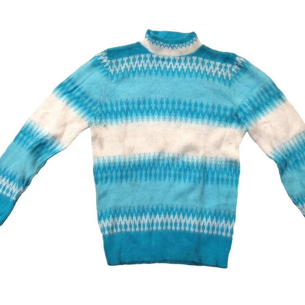 Vintage 1960s Turquoise Blue White Fair Isels Snow Flake Mock Turtleneck Sweater